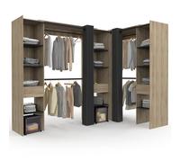 IDMarket - Dressing Extensible d'angle Marlon 230 x 140 x 180 cm cm hêtre avec penderies + étagères + Rideaux Noirs