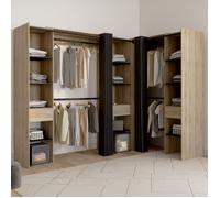 IDMARKET Dressing extensible d'angle MARLON 230 x 140 x 180 cm hêtre avec penderies + étagères + rideaux noirs