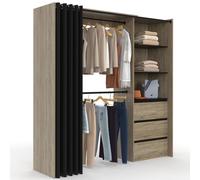 IDMARKET Dressing extensible MARTY 120/170 x 50 x 180 cm hêtre avec 3 tiroirs + étagères + double penderie + rideau noir