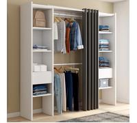 IDMARKET Dressing extensible double MERYL 120/180 x 50 x 180 cm blanc avec étagères + double penderie + rideau gris