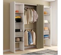 IDMARKET Dressing extensible double MERYL 120/180 x 50 x 180 cm blanc avec étagères hêtre + double penderie + rideau taupe