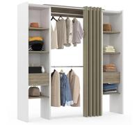 IDMarket - Dressing extensible double MERYL 120/180 x 50 x 180 cm blanc avec étagères hêtre + double penderie + rideau taupe