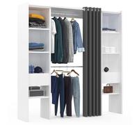 IDMarket - Dressing extensible double MERYL 120/180 x 50 x 180 cm blanc avec étagères + double penderie + rideau gris