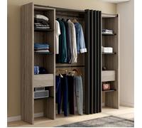 IDMARKET Dressing extensible double MERYL 120/180 x 50 x 180 cm hêtre avec étagères hêtre + double penderie + rideau noir