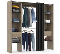 IDMarket - Dressing Extensible Double Meryl 120/180 x 50 x 180 cm hêtre avec étagères hêtre + Double penderie + Rideau Noir