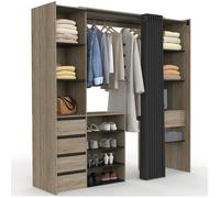 IDMarket Dressing Extensible Double MERYL XXL 120/180 cm Hêtre, 5 Tiroirs, 11 Étagères, Penderie, Rideau Noir