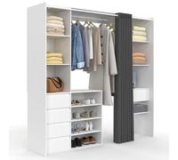 IDMarket - Dressing extensible double XXL MERYL 120/180 cm blanc avec tiroirs + étagères + penderie + rideau gris