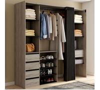 IDMARKET Dressing extensible double XXL MERYL 120/180 cm hêtre avec tiroirs + étagères + penderie + rideau noir