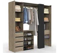 IDMarket - Dressing extensible double XXL MERYL 120/180 cm hêtre avec tiroirs + étagères + penderie + rideau noir