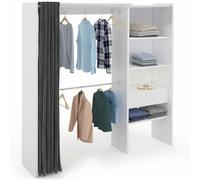IDMarket - Dressing Extensible Marty 120/170 x 50 x 180 cm Blanc avec étagères + Double penderie + Rideau Gris