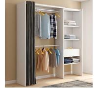 IDMARKET Dressing extensible MARTY 120/170 x 50 x 180 cm blanc avec étagères + double penderie + rideau gris