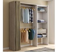 IDMARKET Dressing extensible MARTY 120/170 x 50 x 180 cm blanc avec étagères hêtre + double penderie + rideau taupe