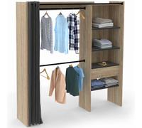IDMarket - Dressing extensible MARTY 120/170 x 50 x 180 cm hêtre avec étagères + double penderie + rideau noir
