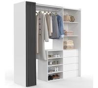 IDMarket - Dressing extensible XXL MARTY 120/170 x 50 x 180 cm blanc avec 4 tiroirs + étagères + penderie + rideau gris