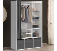 IDMARKET Dressing penderie DIANE 105 x 45 x 167 cm blanc avec étagères + boites de rangement + rideau gris
