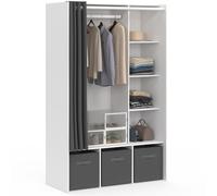 IDMarket - Dressing penderie Diane 105 x 45 x 167 cm Blanc et Gris | Avec étagères + 3 boites de rangement en tissu gris + rideau gris