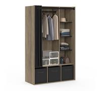 IDMarket - Dressing penderie Diane 105 x 50 x 172 cm hêtre avec étagères + boites de Rangement + Rideau Noir