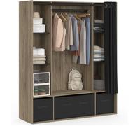 IDMarket Dressing Penderie DIANE 140x45x167 cm, Hêtre, 6 Étagères, Boîtes de Rangement, Rideau Noir, Bois et Noir