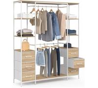 IDMarket Dressing UTAH Double penderie et double colonne 140x40x167 cm Bois et Blanc 6 étagères et 6 tiroirs en tissu