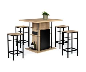 IDMarket Ensemble îlot central 110 cm avec 4 tabourets bois noir et imitation hêtre style industriel