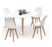 IDMarket – Ensemble table extensible ANGELA ronde blanc pied bois 110-150 cm + 4 chaises SARA