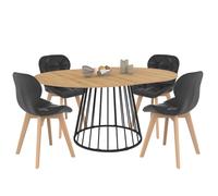 IDMarket - Ensemble Table à Manger Extensible Ronde Yuna Plateau Bois et Pied Filaire en métal 110-150 cm et 4 chaises ROBINE en PU Noires