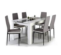 IDMarket - Ensemble Table à Manger Georgia 140 cm Blanche et Grise et 6 chaises Romane Grises liseré Blanc