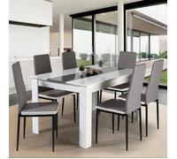 IDMarket - Ensemble table Georgia 140 cm blanche/grise + 6 chaises Romane grises liseré blanc
