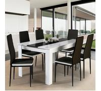 IDMarket - Ensemble table Georgia 140 cm blanc/noir + 6 chaises Romane noires liseré blanc