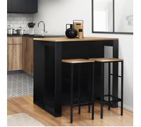 Ensemble table de bar îlot JUNO bois noir avec plateau façon hêtre et 2 tabourets de bar DETROIT
