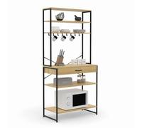 IDMarket - Etagère de Cuisine L. 80 cm Detroit Bois et métal Noir | Design industriel, avec 5 étagères + 1 tiroir + 8 crochets