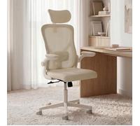 IDMARKET Fauteuil de bureau JAMES ergonomique en toile respirante et appui-tête avec roulettes beige et blanc