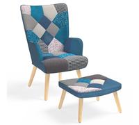 IDMarket - Fauteuil scandinave Ivar avec Repose Pieds en Tissu Patchwork et Velours Bleu