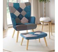 IDMARKET Fauteuil scandinave IVAR avec repose pieds en tissu patchwork et velours bleu