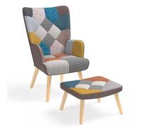IDMarket - Fauteuil scandinave IVAR avec repose-pieds en tissu patchwork multicolore