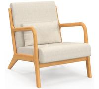 IDMarket – Fauteuil scandinave JOSEPH en tissu beige, accoudoirs et pieds bois
