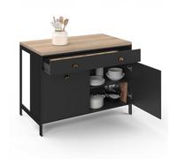 IDMarket - Ilot Central 120 cm Campagne ISIS Plateau Bois et Noir | Coloris bois façon hêtre et noir