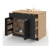 IDMarket - Ilot Central Alto Portes avec rangements, tiroirs, Rangement Coulissant et Plan de Travail façon hêtre et Noir
