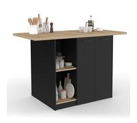 IDMARKET Ilot central BAO 140 cm 4 personnes bois noir avec plan de travail façon hêtre