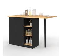 IDMarket - Ilot Central Cesar 140 cm 5 Personnes Bois Noir avec Plan de Travail façon hêtre