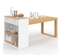 IDMarket - Ilot Central Gary 190 cm avec Table à Manger Blanc et Bois | Avec table à manger 5 personnes, blanc et plateau bois, extensible