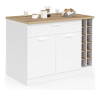 IDMarket - Ilot Central George 120 cm avec Range-Bouteilles Placard et tiroir Bois Blanc avec Plan de Travail façon hêtre