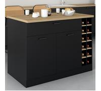 IDMARKET Ilot central GEORGE avec range-bouteilles placard et tiroir bois noir avec plan de travail façon hêtre
