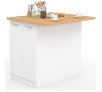 IDMarket Ilot Central IVO 100 cm Blanc Plan de Travail façon hêtre, 2 Portes