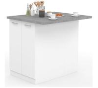 IDMarket Ilot Central IVO 100 cm, Plan de Travail Effet Béton, Blanc, 2 Portes avec Rangements