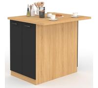 IDMarket Ilot central IVO 100 cm bois façon hêtre portes noires avec plan de travail