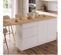 IDMARKET Ilot central mange-debout 4 personnes PACO 180 cm casserolier 3 tiroirs et 2 portes blanc avec plan de travail façon hêtre