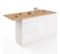 IDMarket - Ilot Central Mange-Debout 4 Personnes Paco 180 cm casserolier 3 tiroirs et 2 Portes Blanc avec Plan de Travail façon hêtre