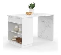 IDMarket Ilot Central Mange-Debout 4 Personnes VITO 130 cm Blanc et Plateau marbre Alaska
