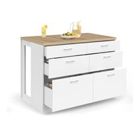 IDMarket - Ilot Central Mange-Debout Orso 120 cm casserolier 6 tiroirs Blanc avec Plan de Travail façon hêtre
